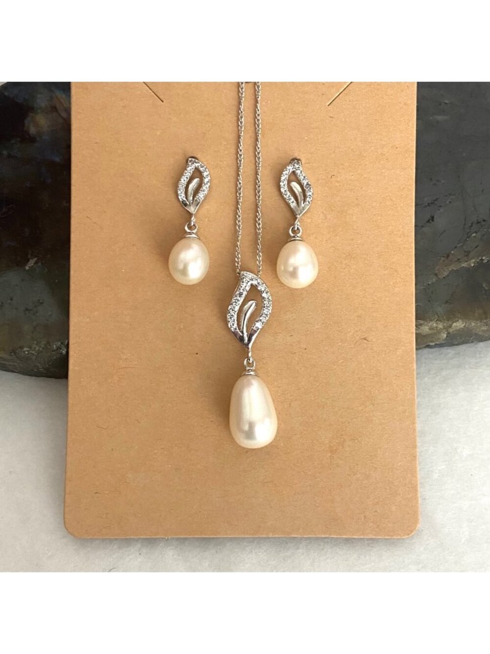 Sterling Silver 925 Pearl Droplet Pendant Necklace & Dangle Drop Earring Set 18"